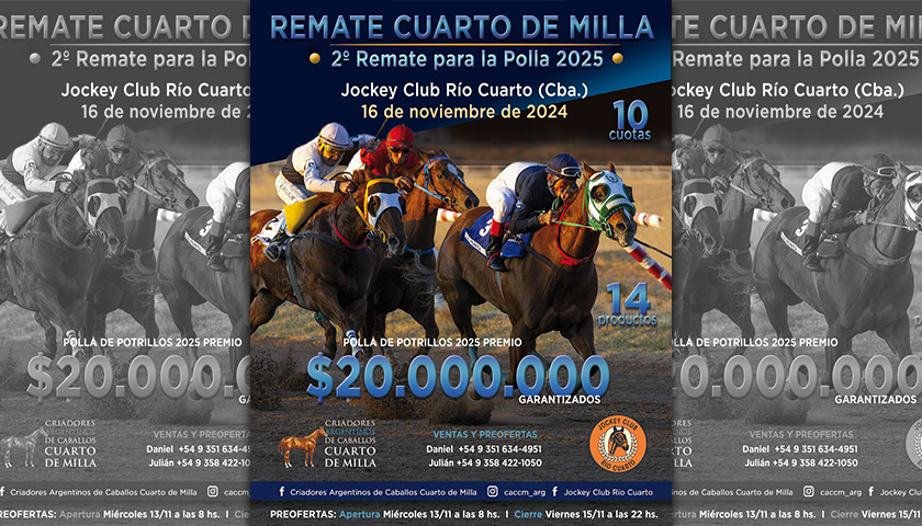 Sábado 16 de noviembre Remate Cuarto de Milla en el Jockey Club Río Cuarto, aquí el Catalogo